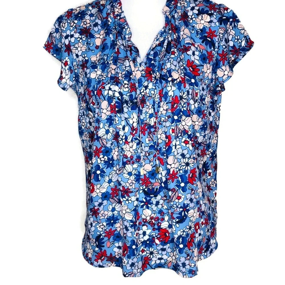 Liz Claiborne petite small blue blouse.  Flowers